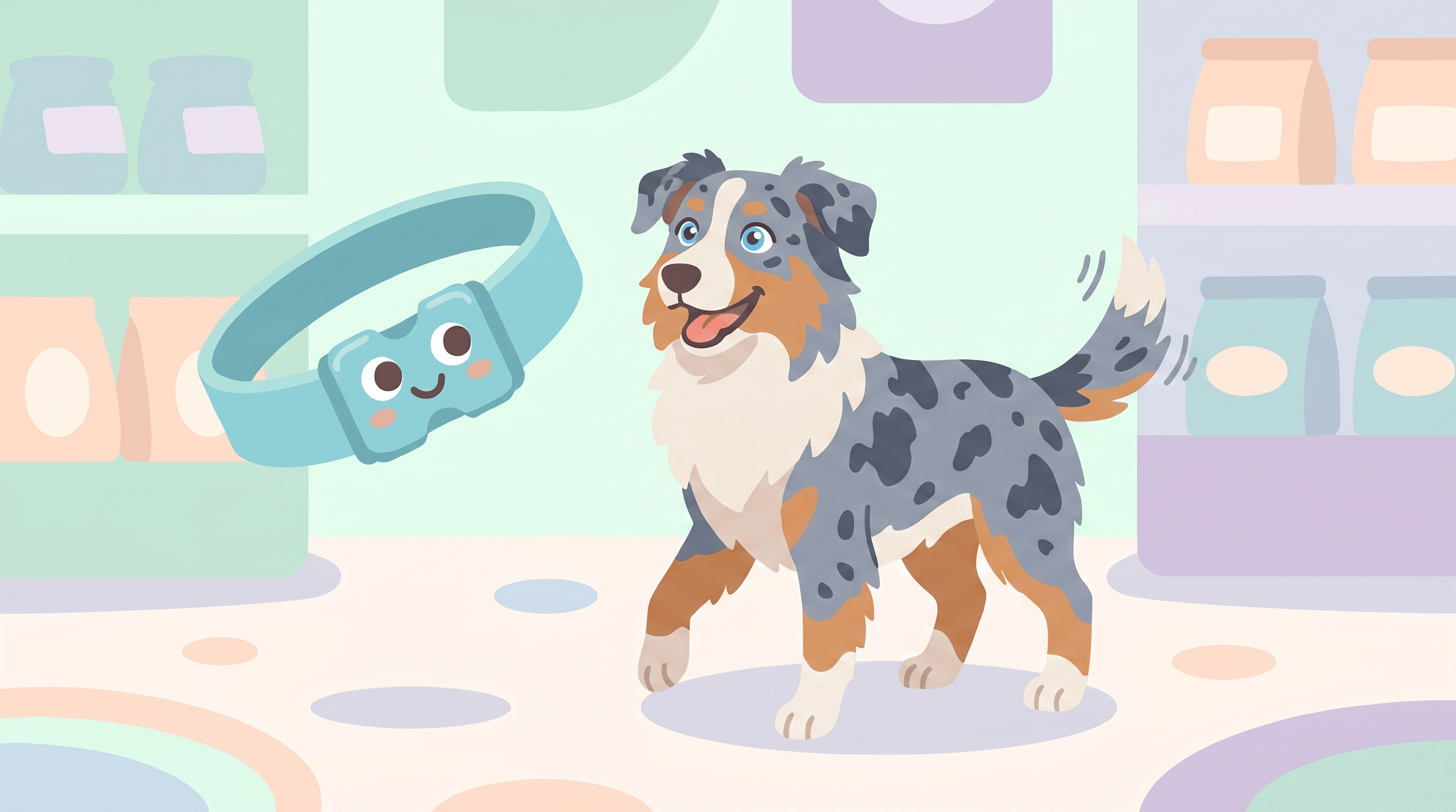 Illustration of an Australian Shepherd wearing a Dazey collar beside the smiling Dazey collar mascot in a pastel pet shop