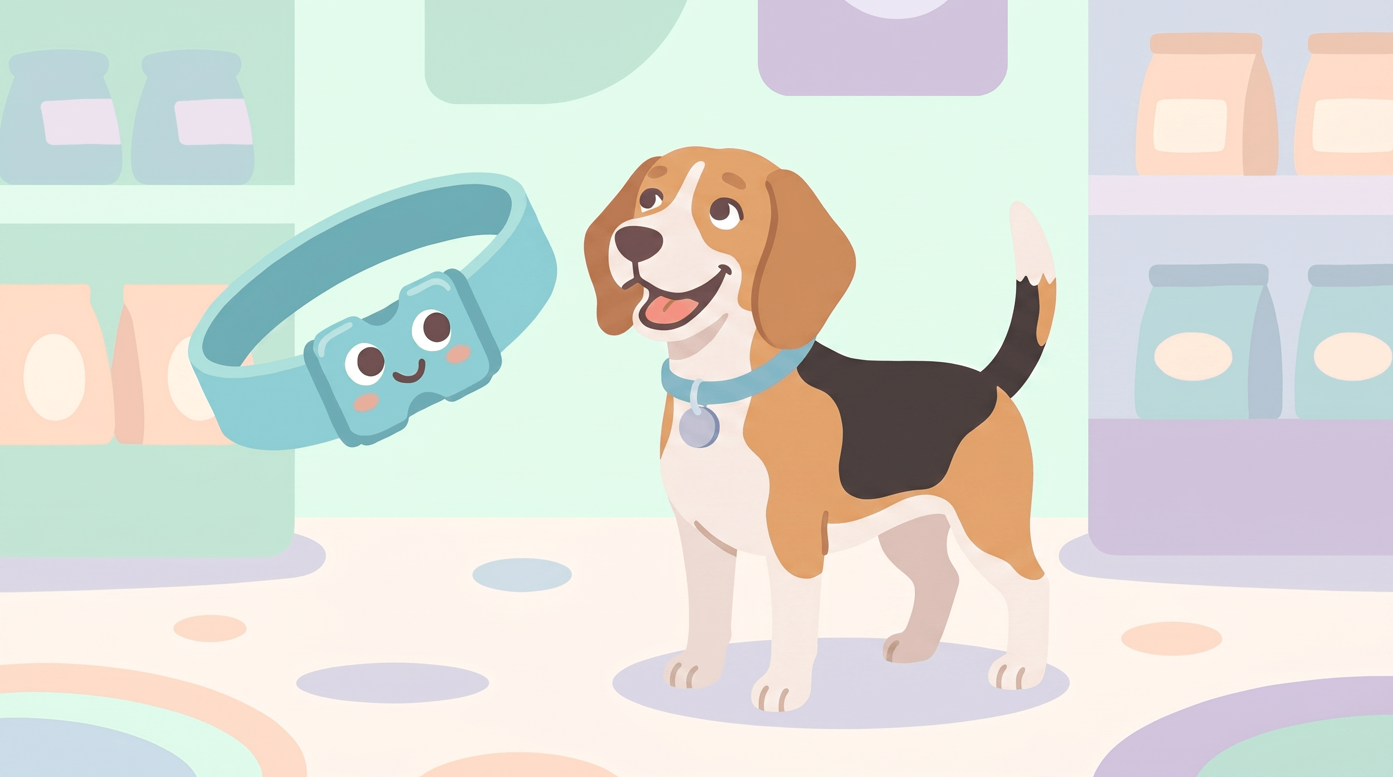 Illustration of a Beagle wearing a Dazey collar beside the smiling Dazey collar mascot in a pastel pet shop