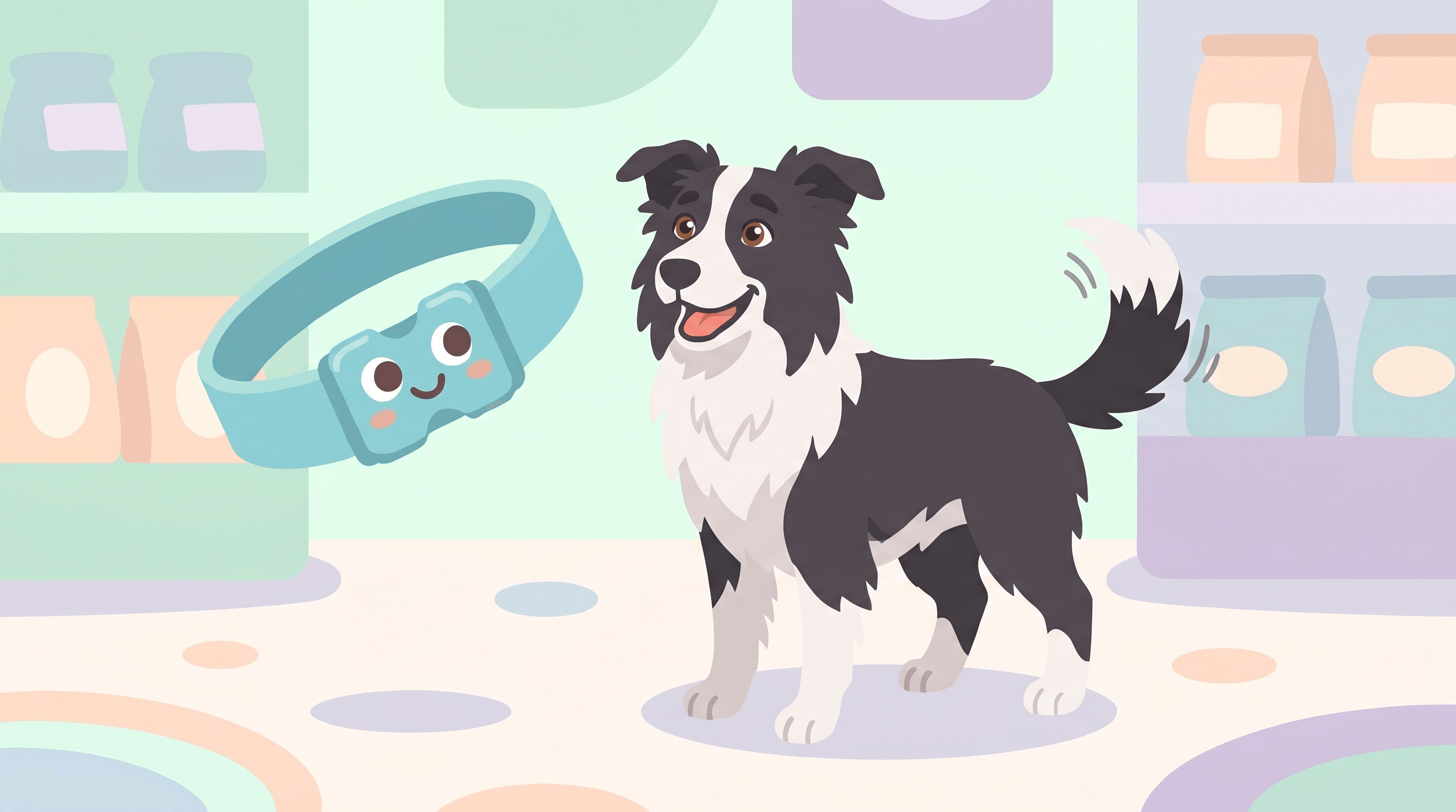 Illustration of a Border Collie wearing a Dazey collar beside the smiling Dazey collar mascot in a pastel pet shop