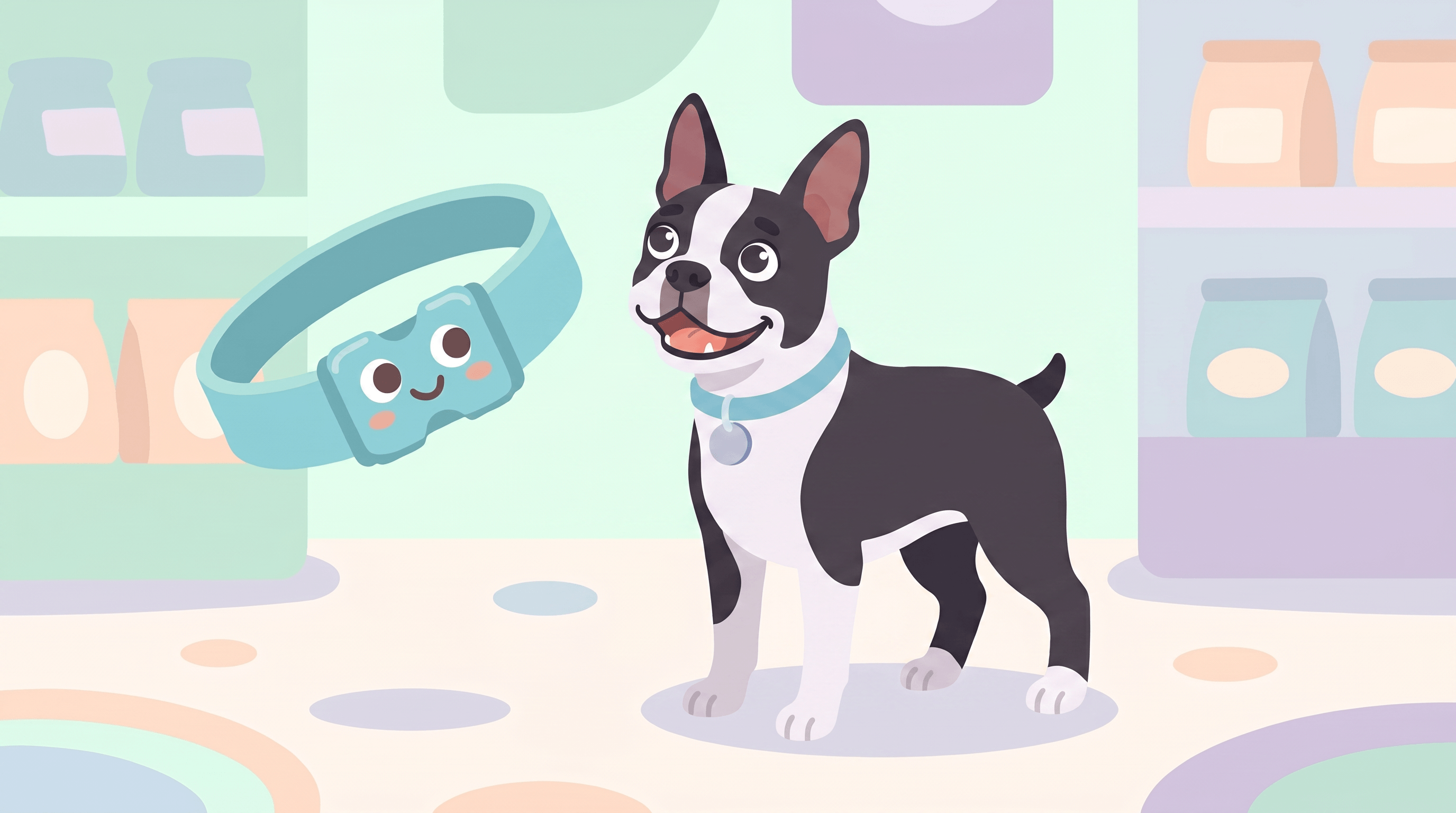 Illustration of a Boston Terrier wearing a Dazey collar beside the smiling Dazey collar mascot in a pastel pet shop