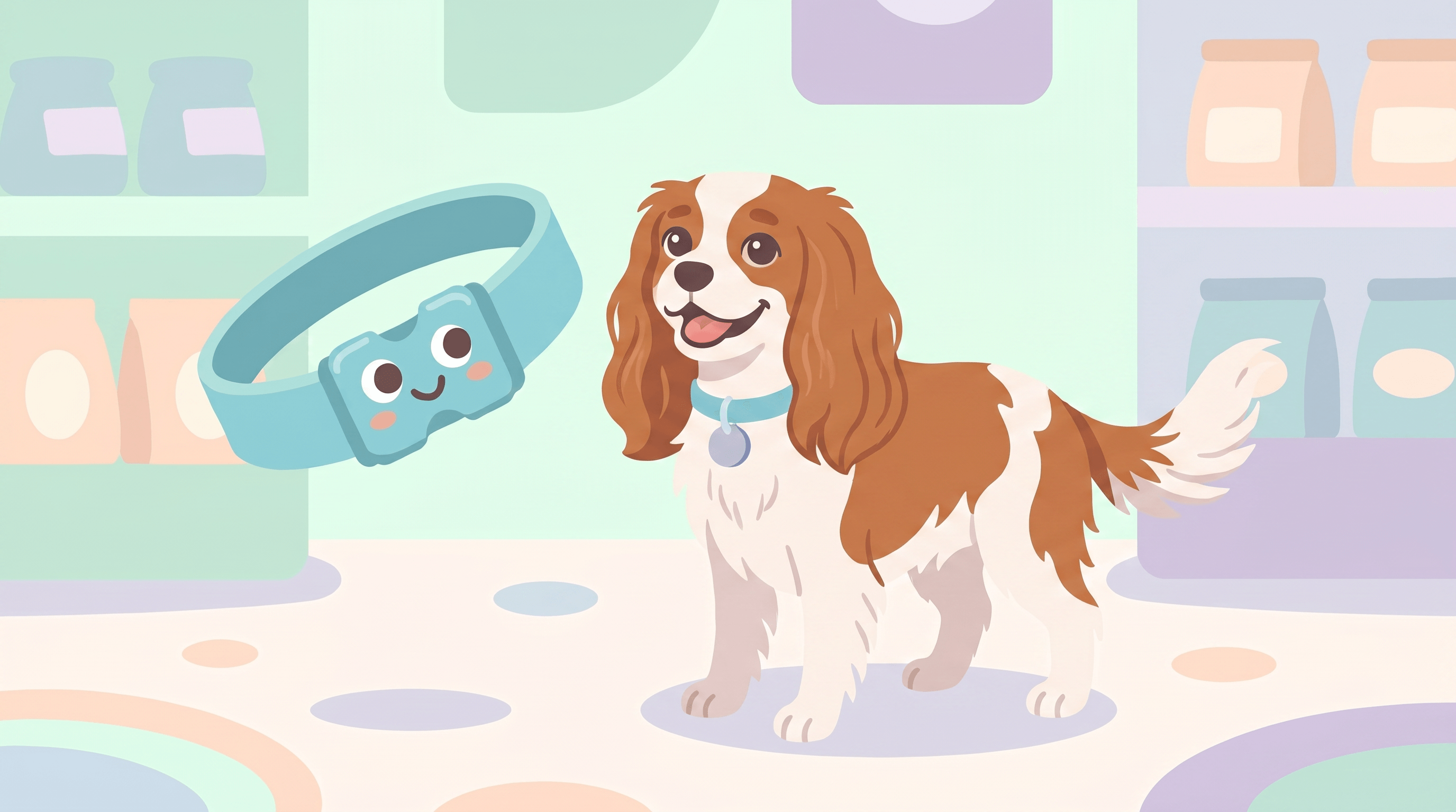 Illustration of a Cavalier King Charles Spaniel wearing a Dazey collar beside the smiling Dazey collar mascot in a pastel pet shop