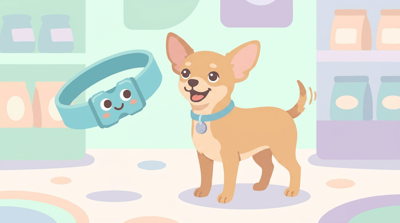 Illustration of a Chihuahua wearing a Dazey collar beside the smiling Dazey collar mascot in a pastel pet shop