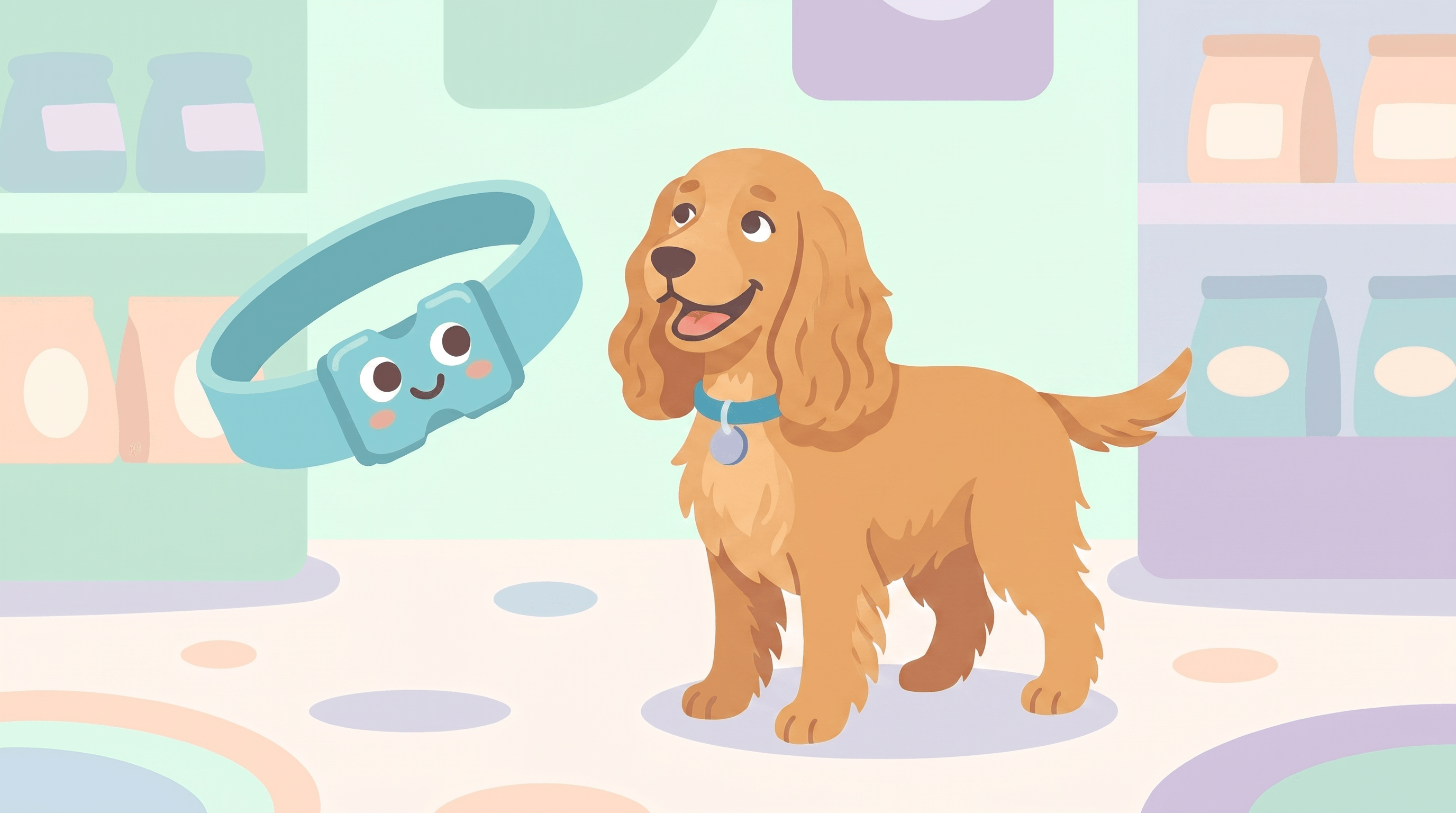 Illustration of a Cocker Spaniel wearing a Dazey collar beside the smiling Dazey collar mascot in a pastel pet shop