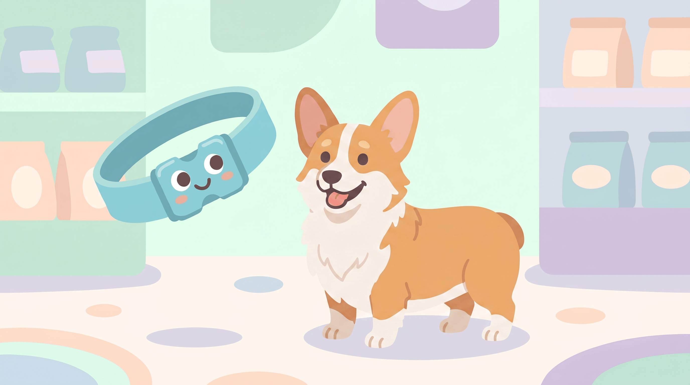 Illustration of a Corgi wearing a Dazey collar beside the smiling Dazey collar mascot in a pastel pet shop