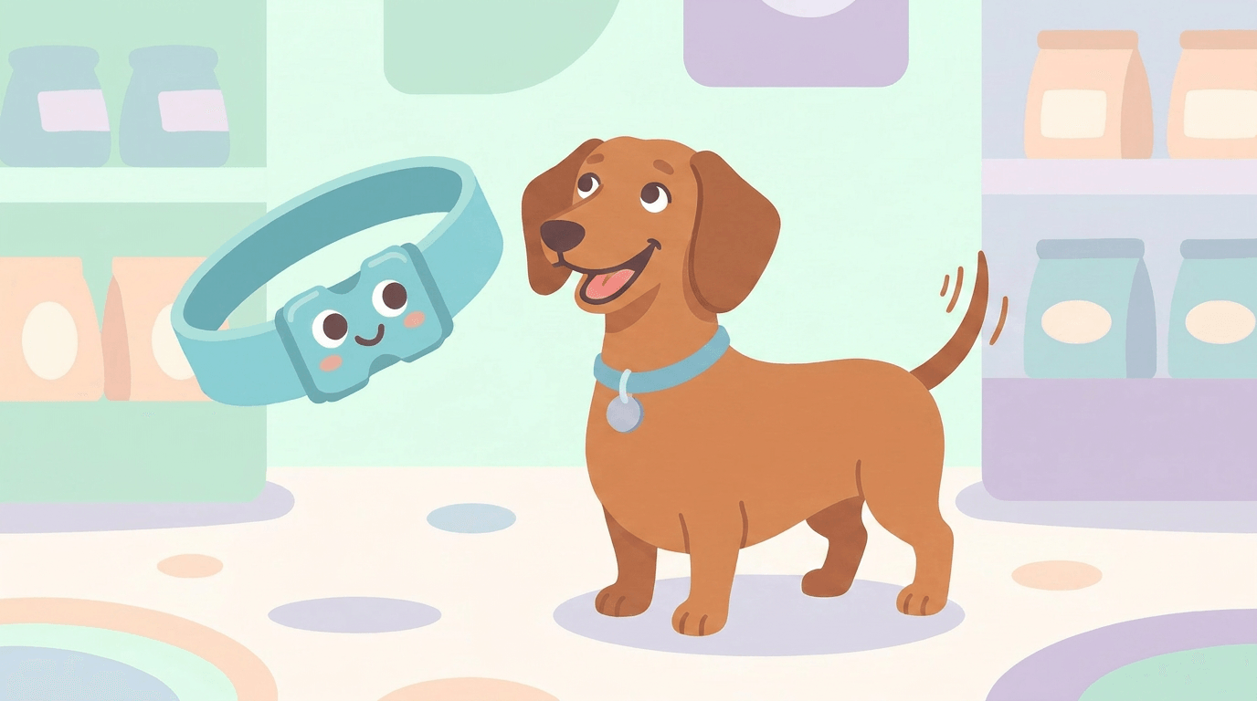 Illustration of a Dachshund wearing a Dazey collar beside the smiling Dazey collar mascot in a pastel pet shop