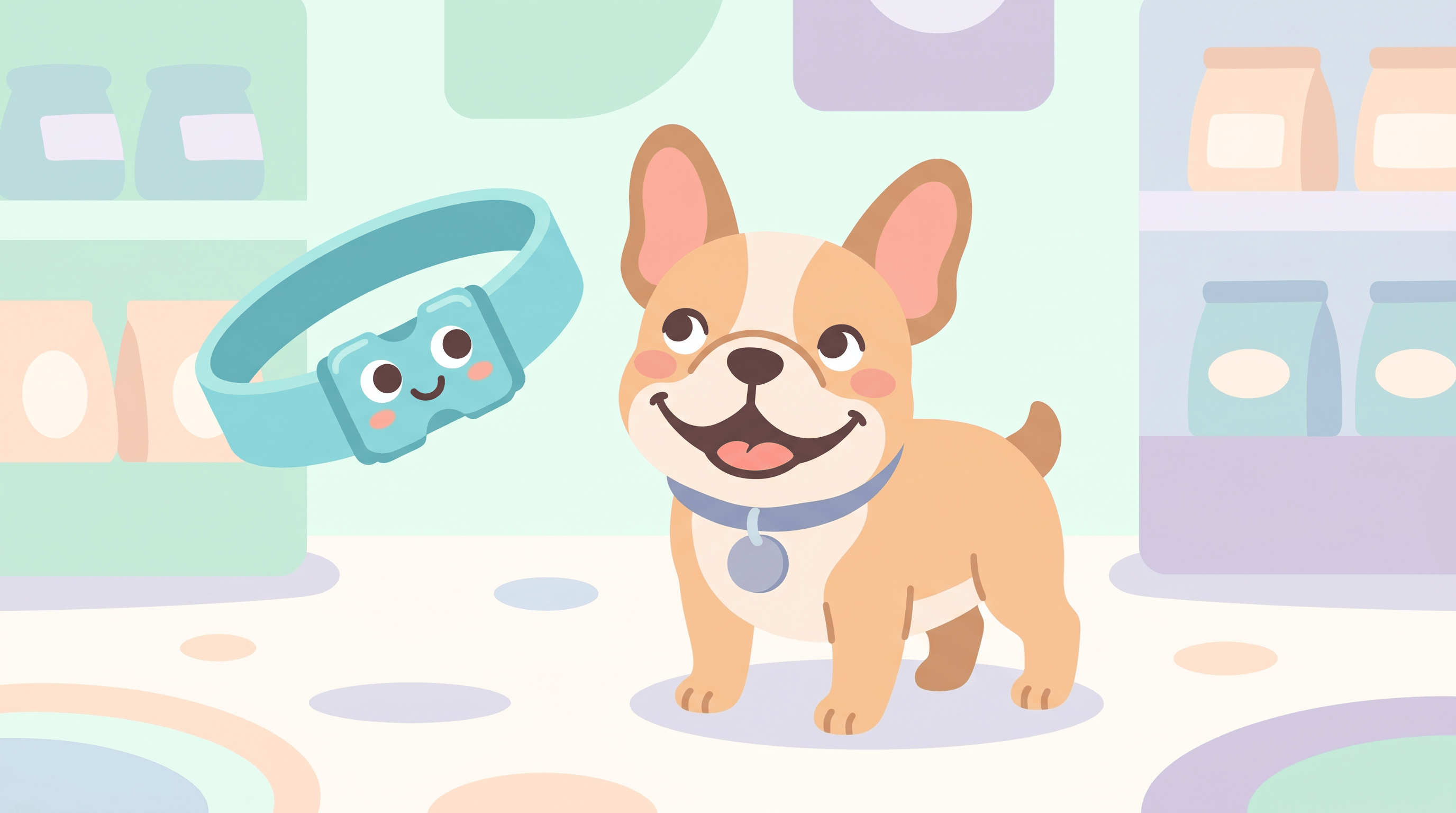 Illustration of a French Bulldog wearing a Dazey collar beside the smiling Dazey collar mascot in a pastel pet shop