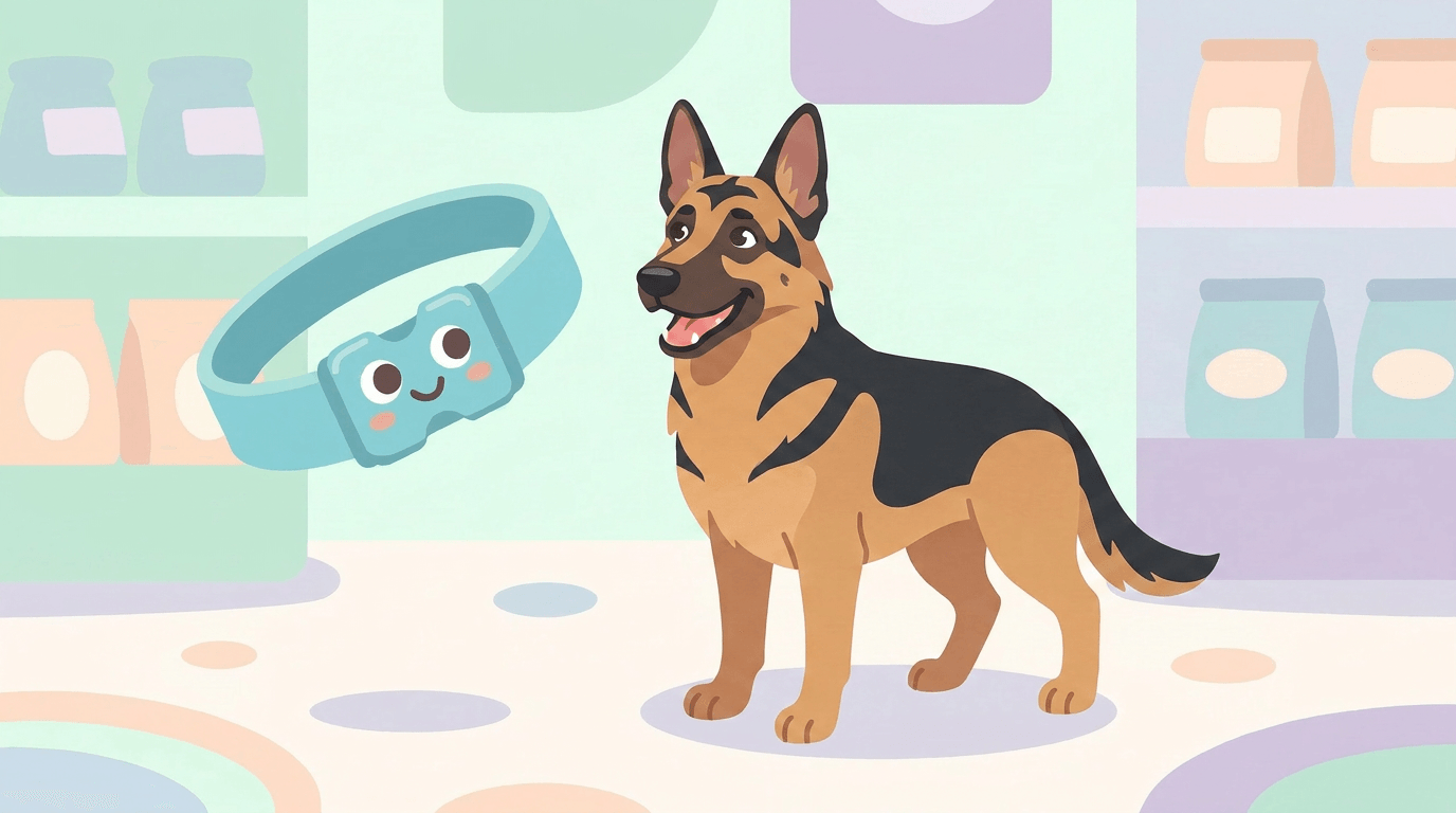 Illustration of a German Shepherd wearing a Dazey collar beside the smiling Dazey collar mascot in a pastel pet shop