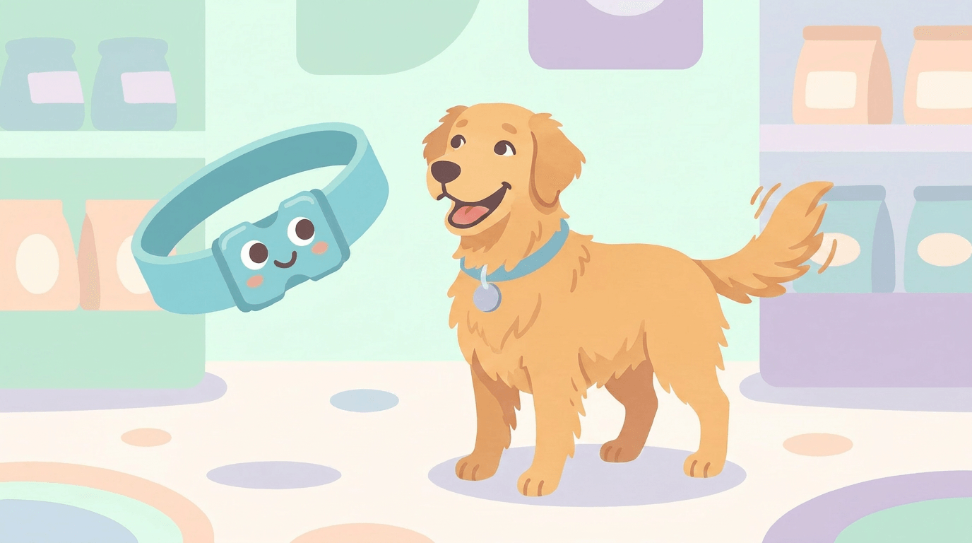 Illustration of a Golden Retriever wearing a Dazey collar beside the smiling Dazey collar mascot in a pastel pet shop