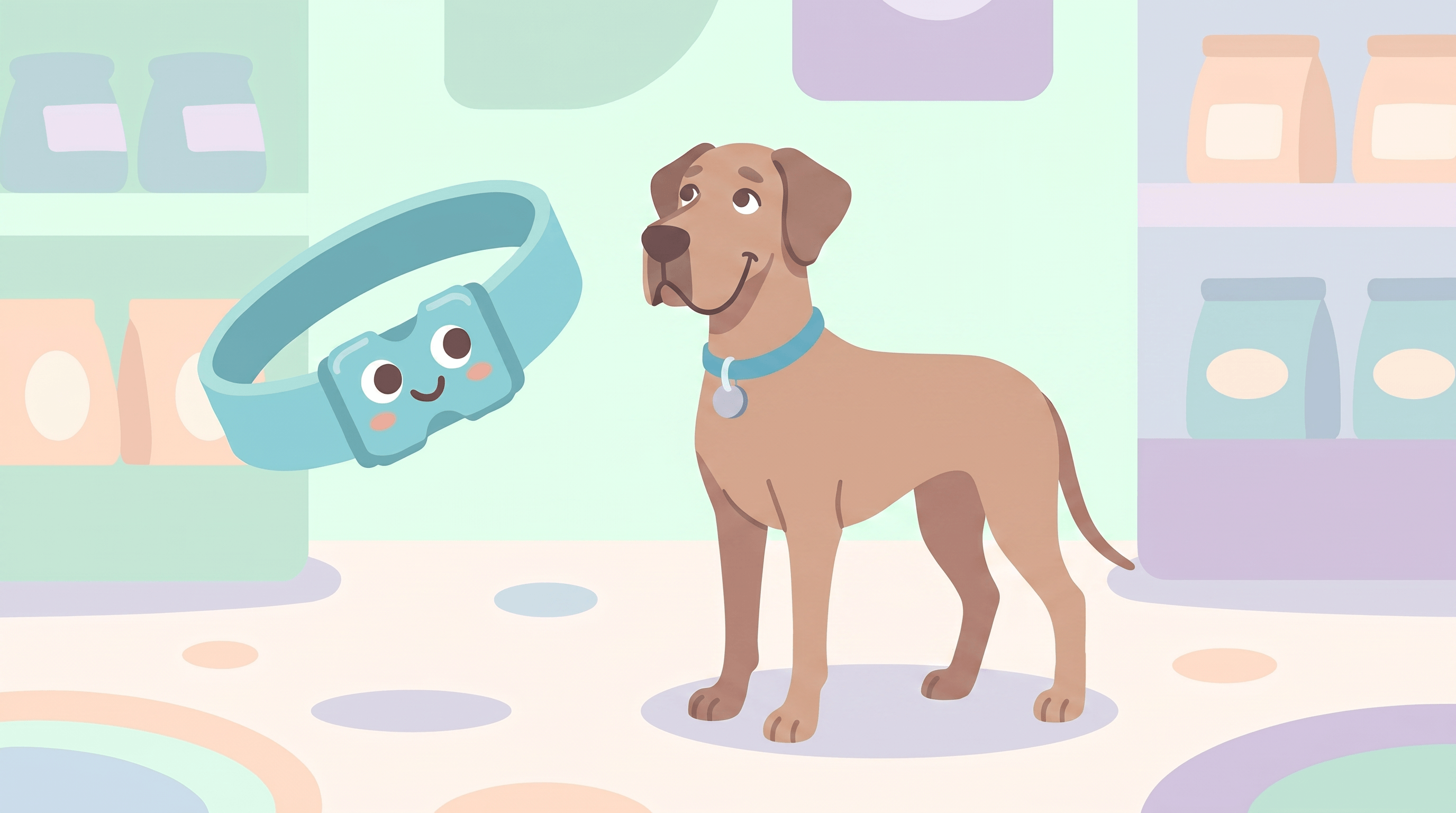 Illustration of a Great Dane wearing a Dazey collar beside the smiling Dazey collar mascot in a pastel pet shop