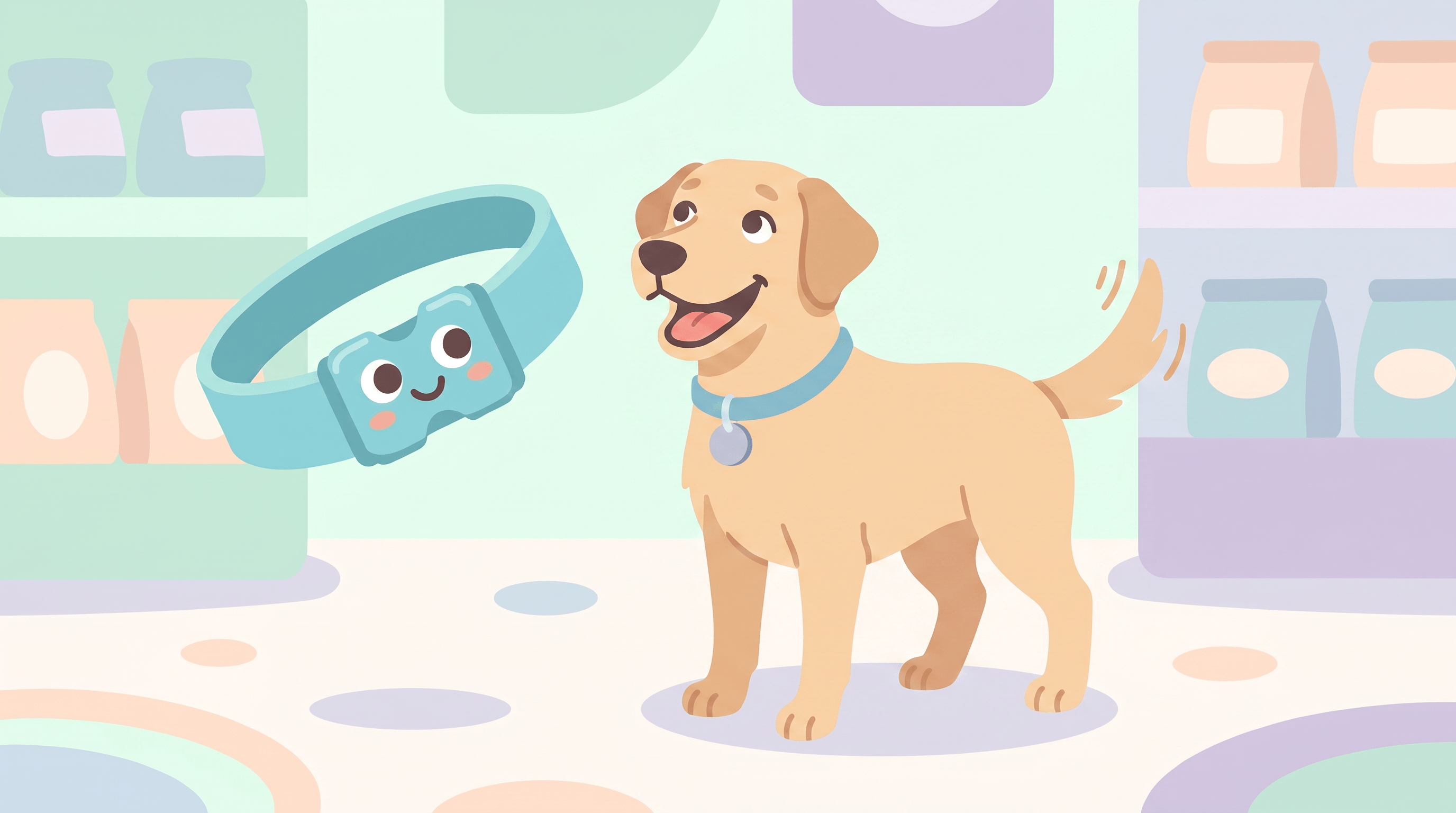 Illustration of a Labrador Retriever wearing a Dazey collar beside the smiling Dazey collar mascot in a pastel pet shop