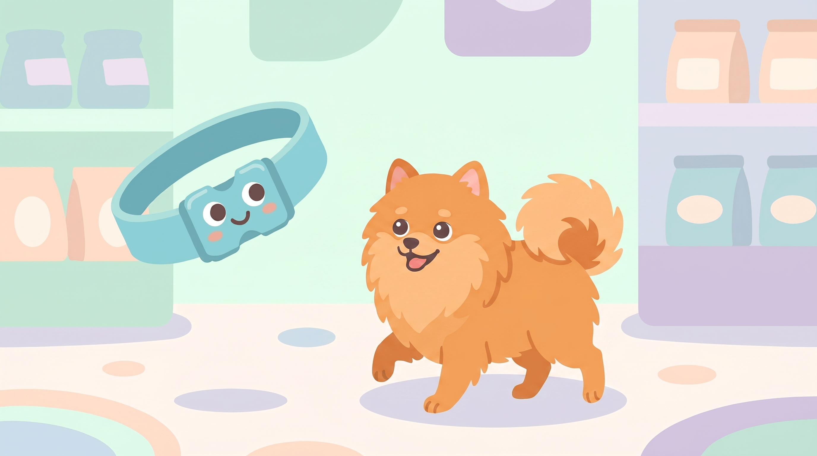 Illustration of a Pomeranian wearing a Dazey collar beside the smiling Dazey collar mascot in a pastel pet shop