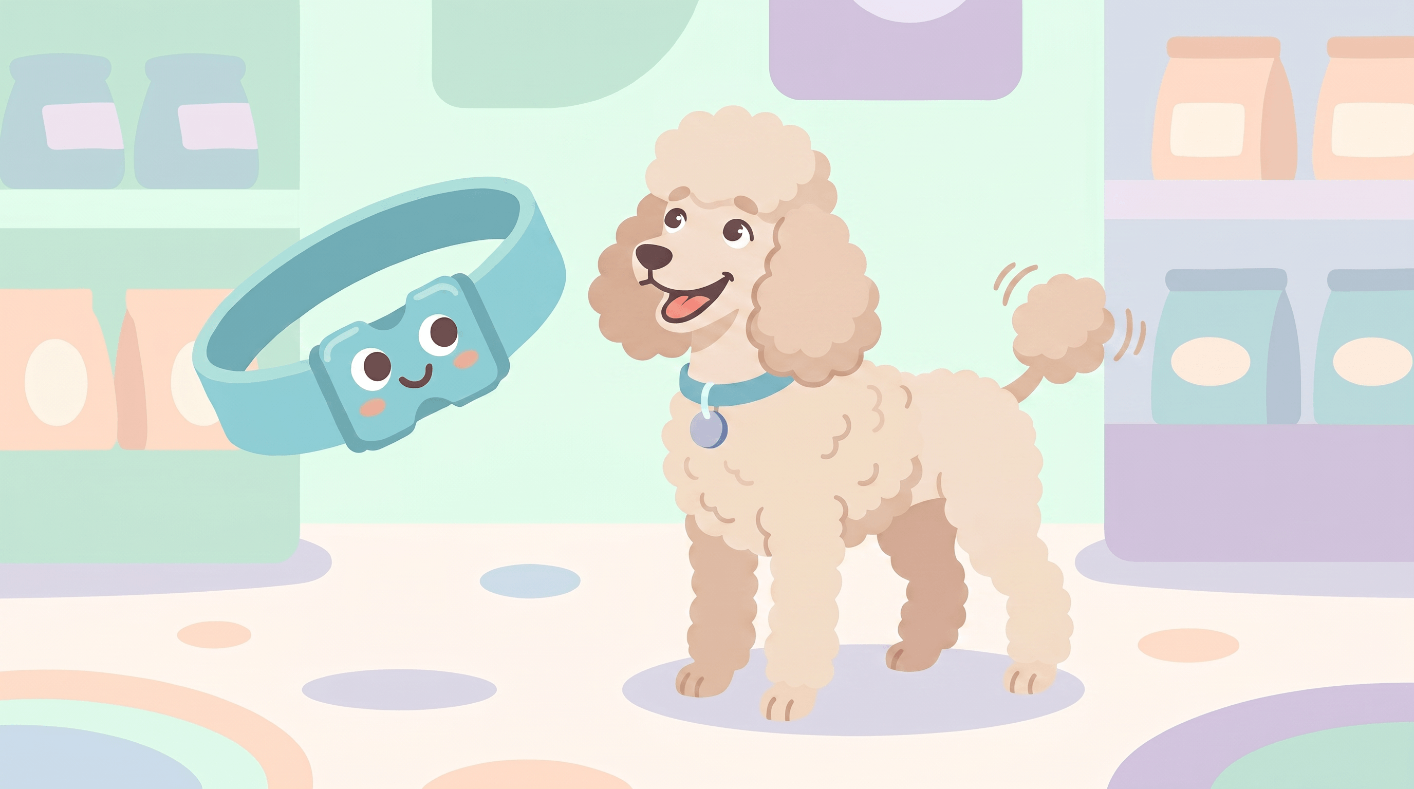 Illustration of a Poodle wearing a Dazey collar beside the smiling Dazey collar mascot in a pastel pet shop