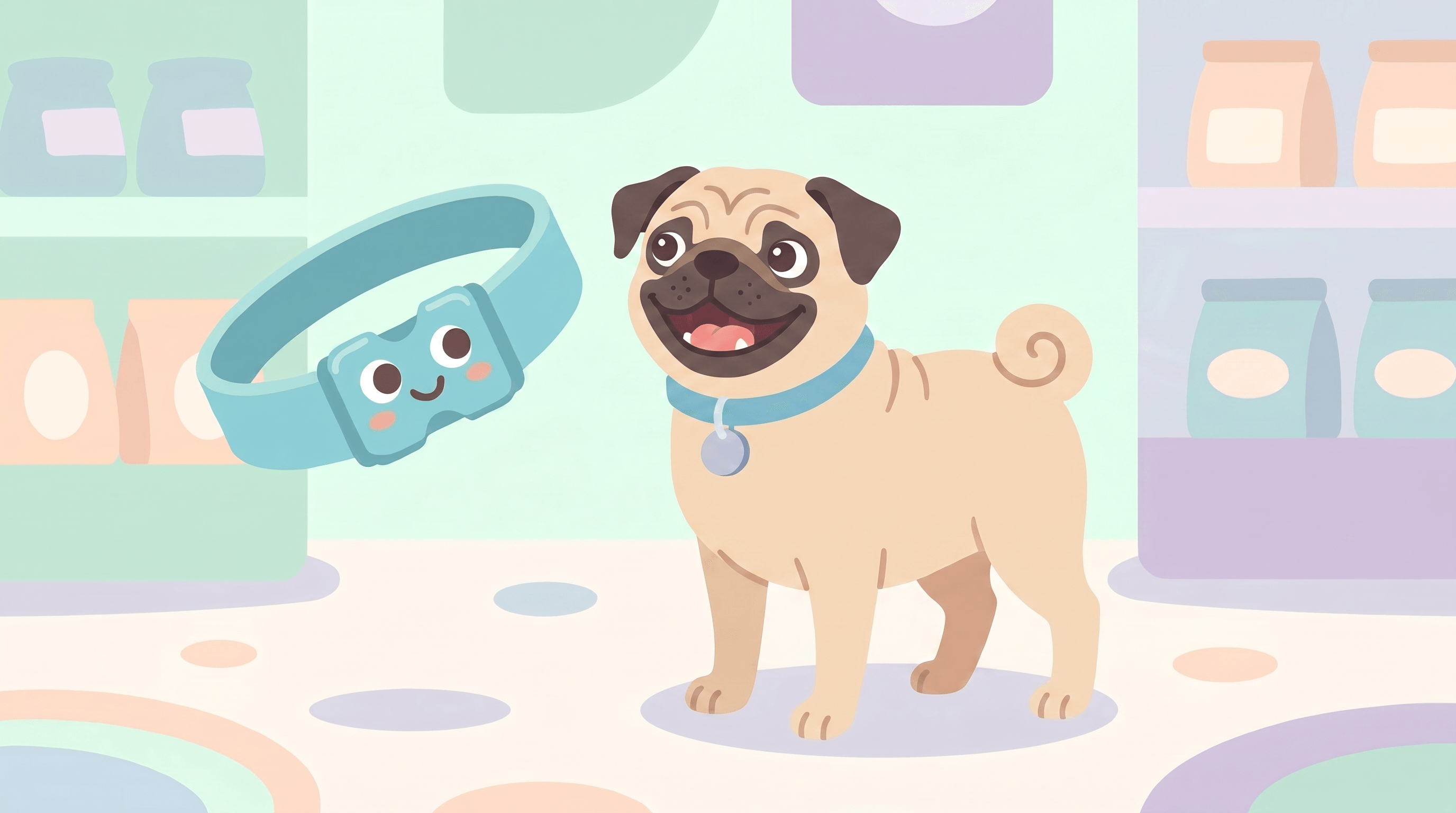 Illustration of a Pug wearing a Dazey collar beside the smiling Dazey collar mascot in a pastel pet shop