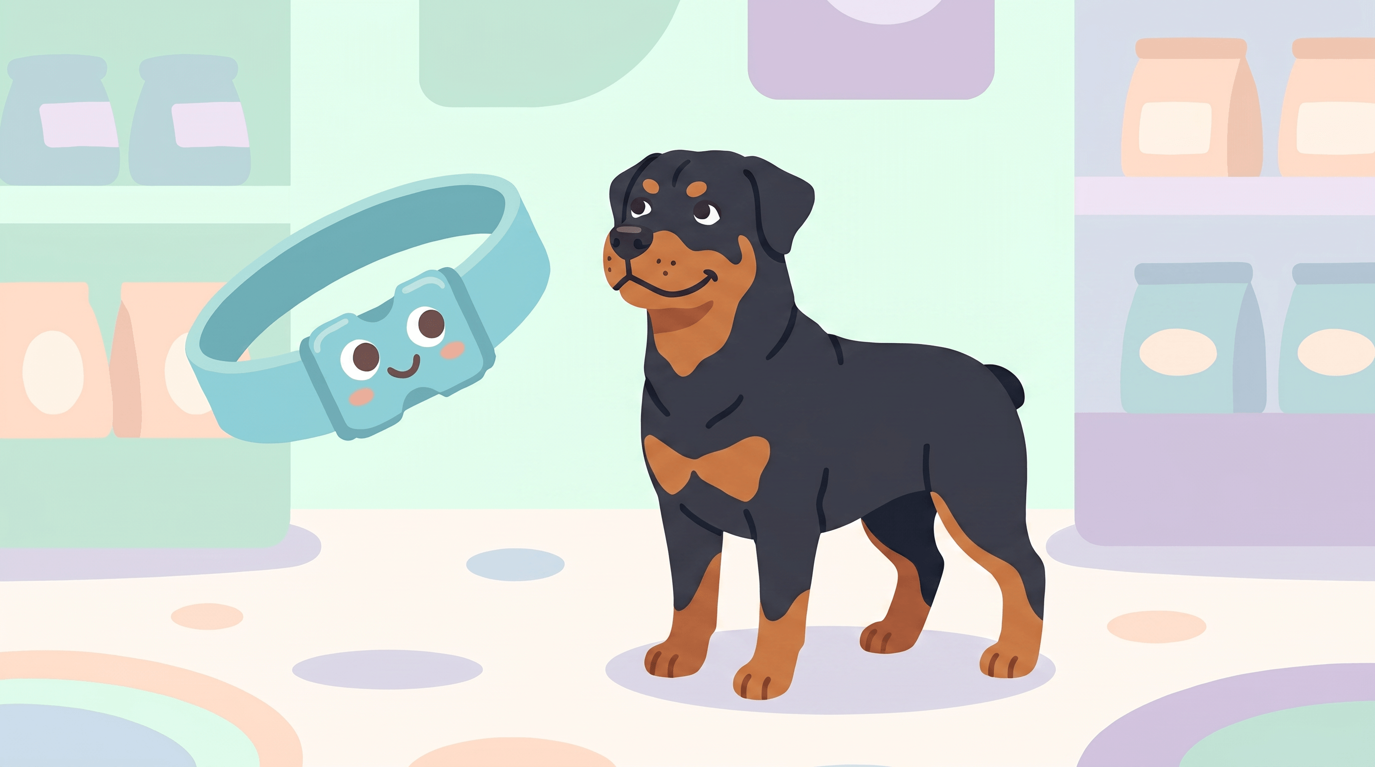 Illustration of a Rottweiler wearing a Dazey collar beside the smiling Dazey collar mascot in a pastel pet shop