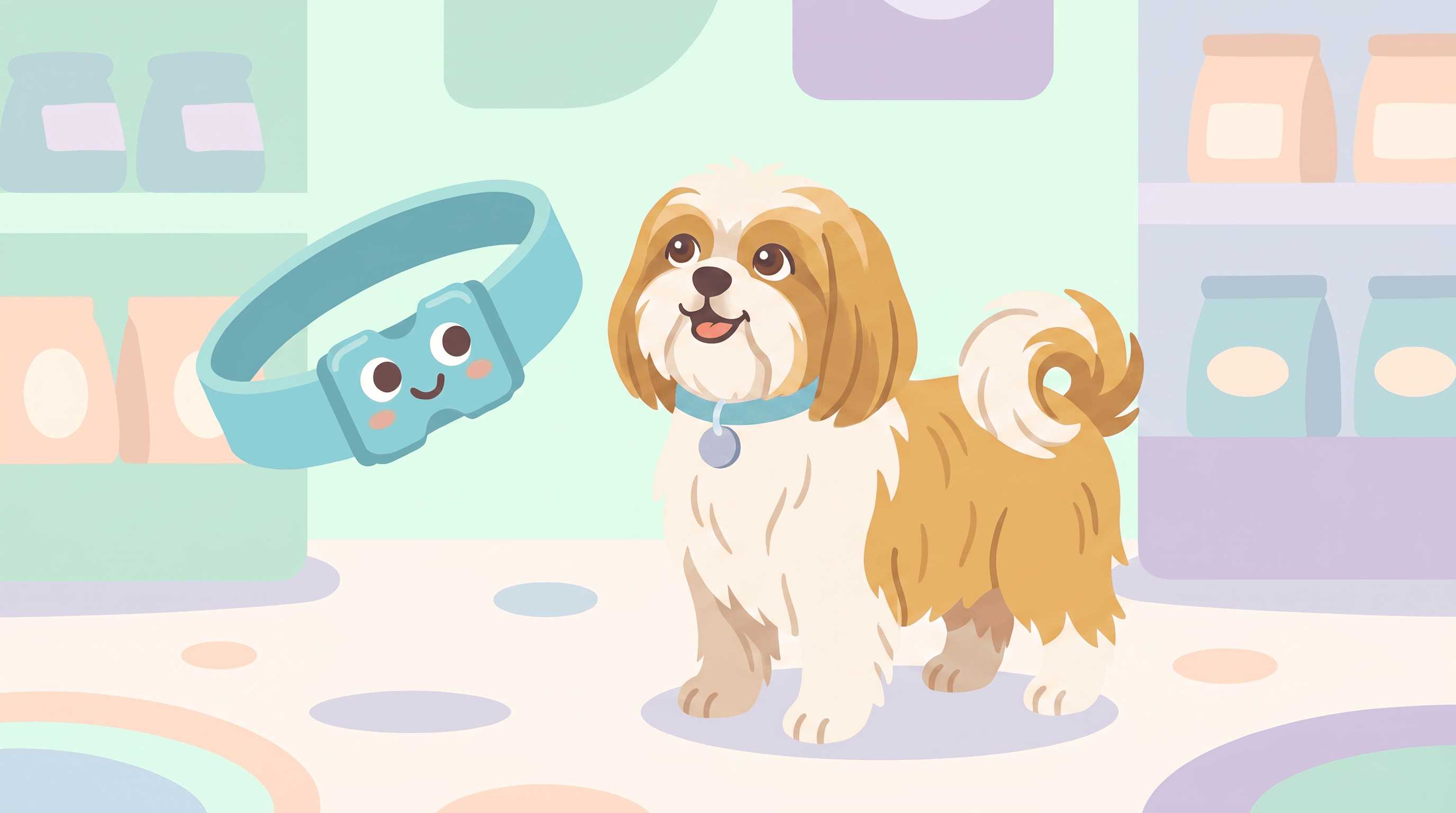 Illustration of a Shih Tzu wearing a Dazey collar beside the smiling Dazey collar mascot in a pastel pet shop