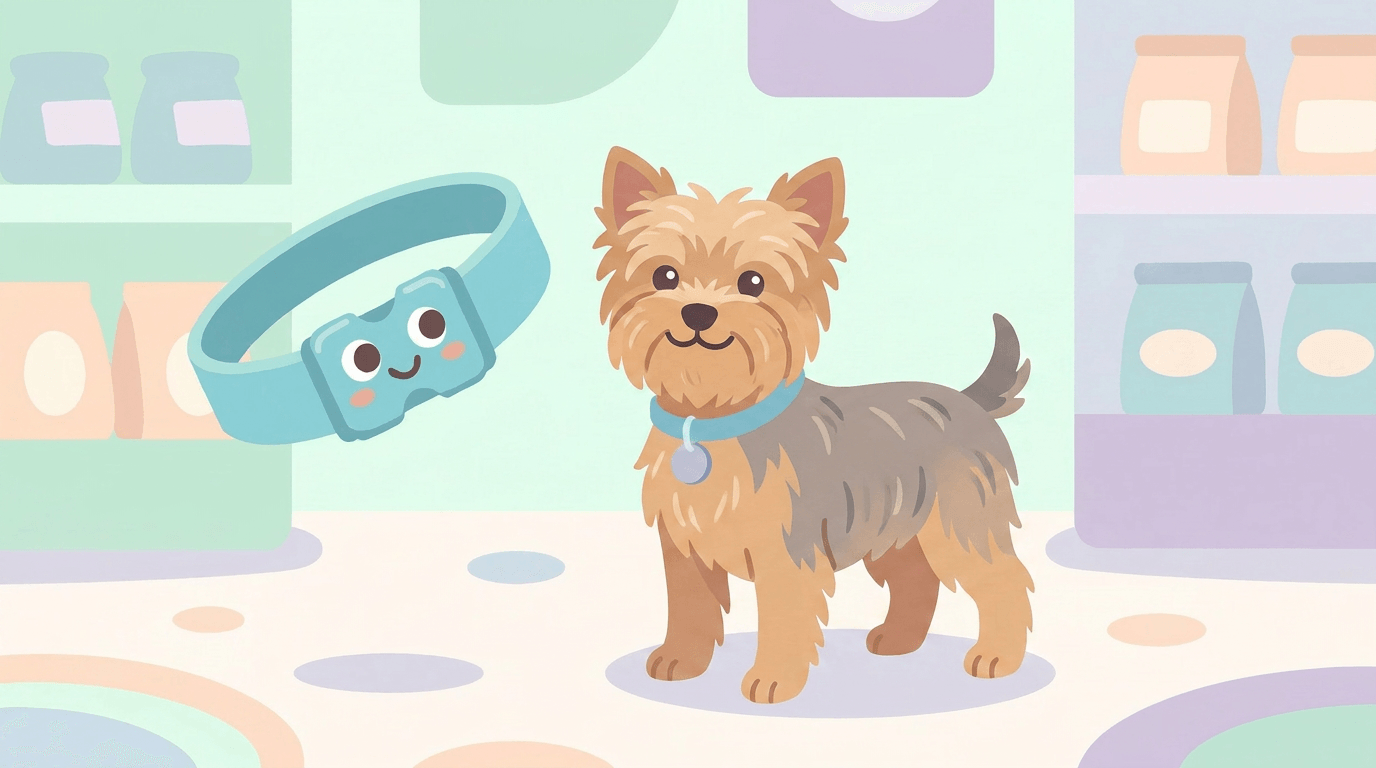Illustration of a Yorkshire Terrier wearing a Dazey collar beside the smiling Dazey collar mascot in a pastel pet shop