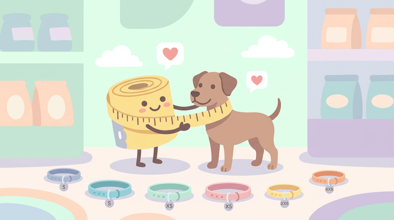 Illustration of a friendly tape-measure mascot measuring a small dog's neck, with a row of Dazey collars in different sizes