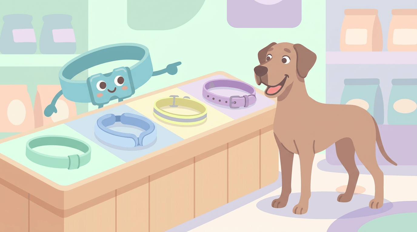 Illustration of a dog at a pet-shop counter eyeing a display of Dazey collars, with the smiling Dazey collar mascot pointing them out