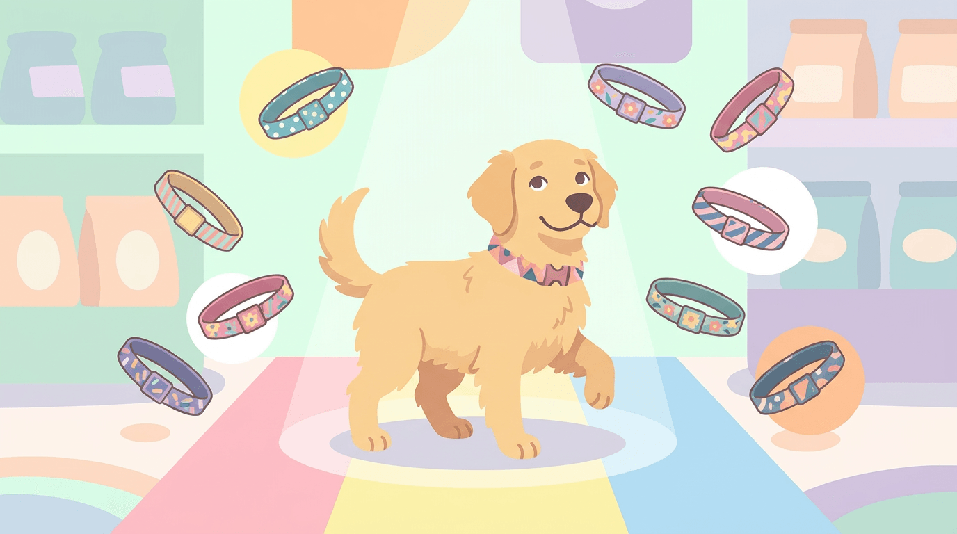 Illustration of a Golden Retriever on a spotlit runway surrounded by bold, colorful Dazey collars