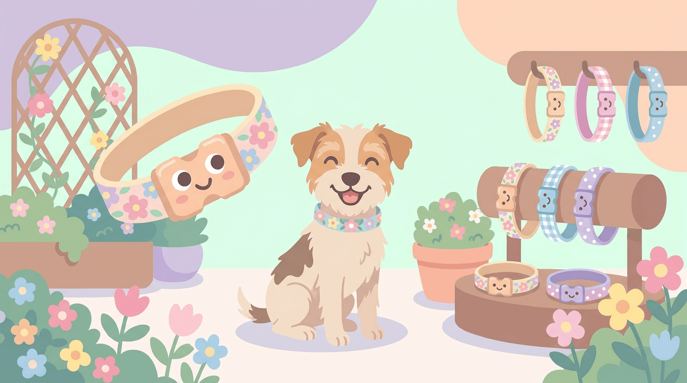 Illustration of a small dog in a spring garden wearing a floral Dazey collar, beside a rack of pastel patterned collars