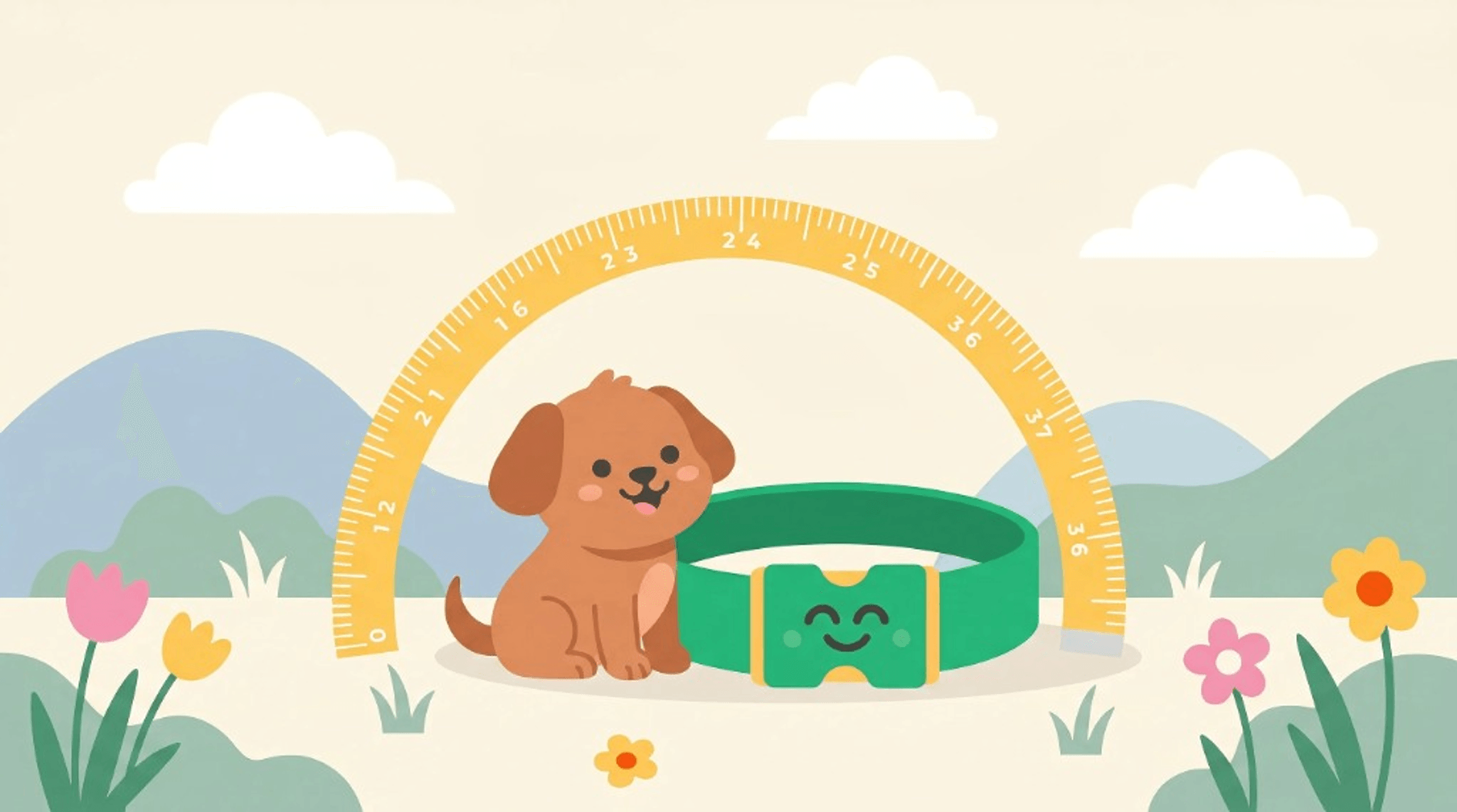 Illustrated dog collar size chart showing how to measure a dog's neck