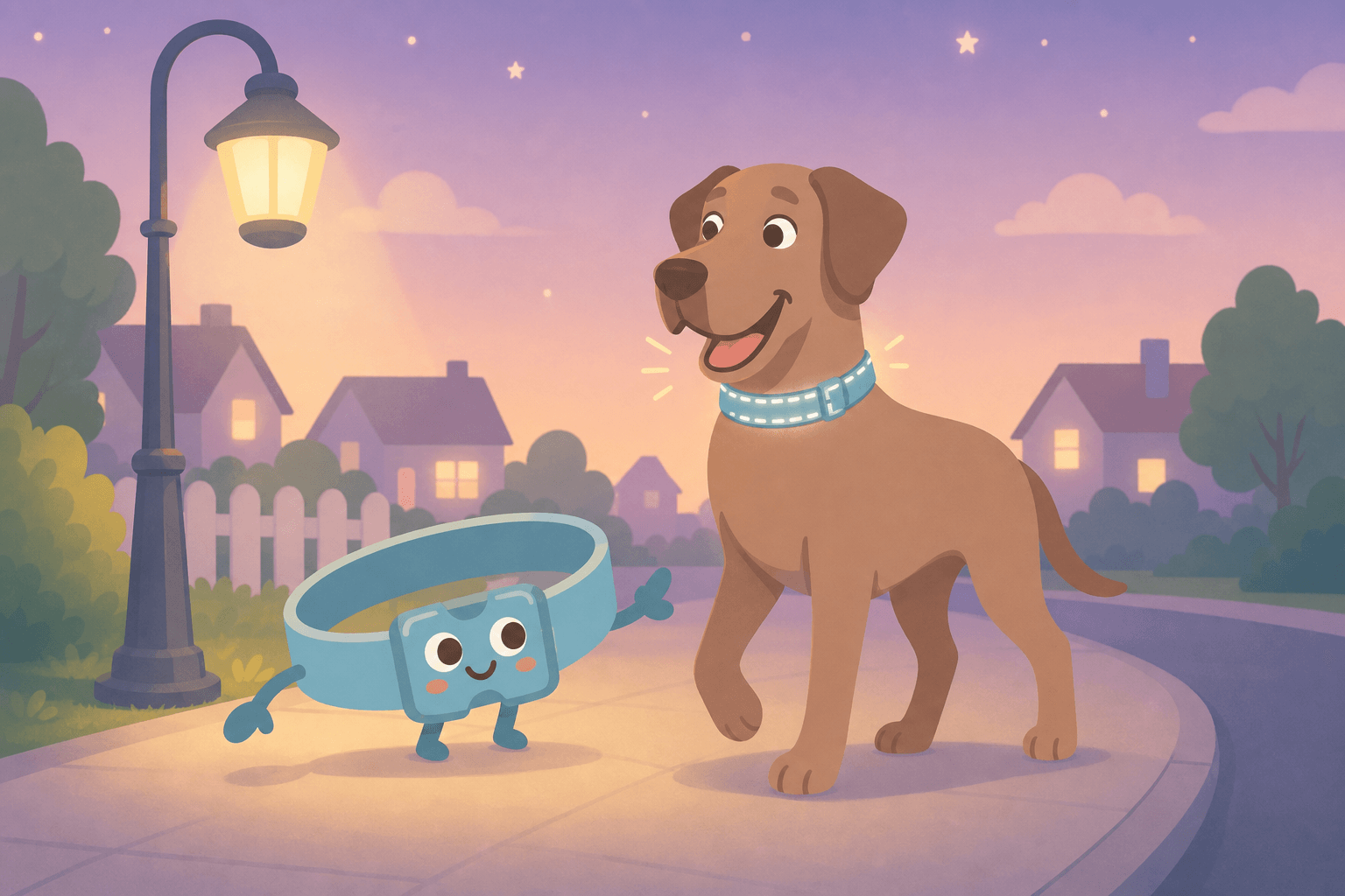 Illustration of a dog on an evening walk under a streetlamp wearing a Dazey collar with glowing reflective stitching, beside the smiling Dazey collar mascot