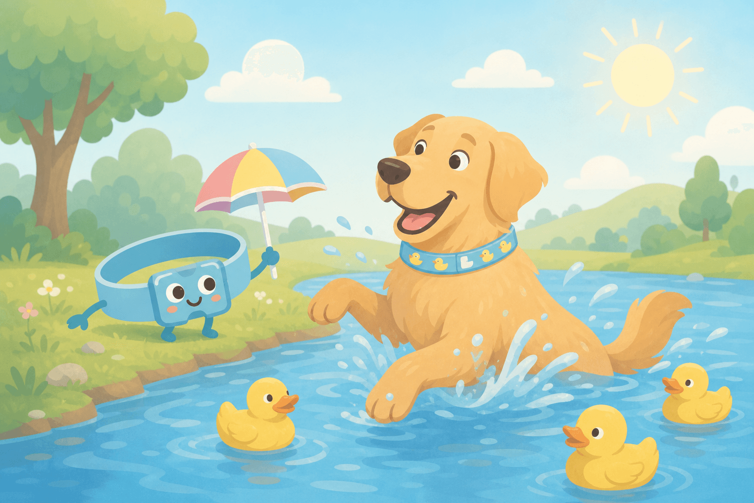 Illustration of a Golden Retriever splashing in a lake with rubber ducks, wearing a Dazey duck-pattern collar, while the Dazey collar mascot watches from shore