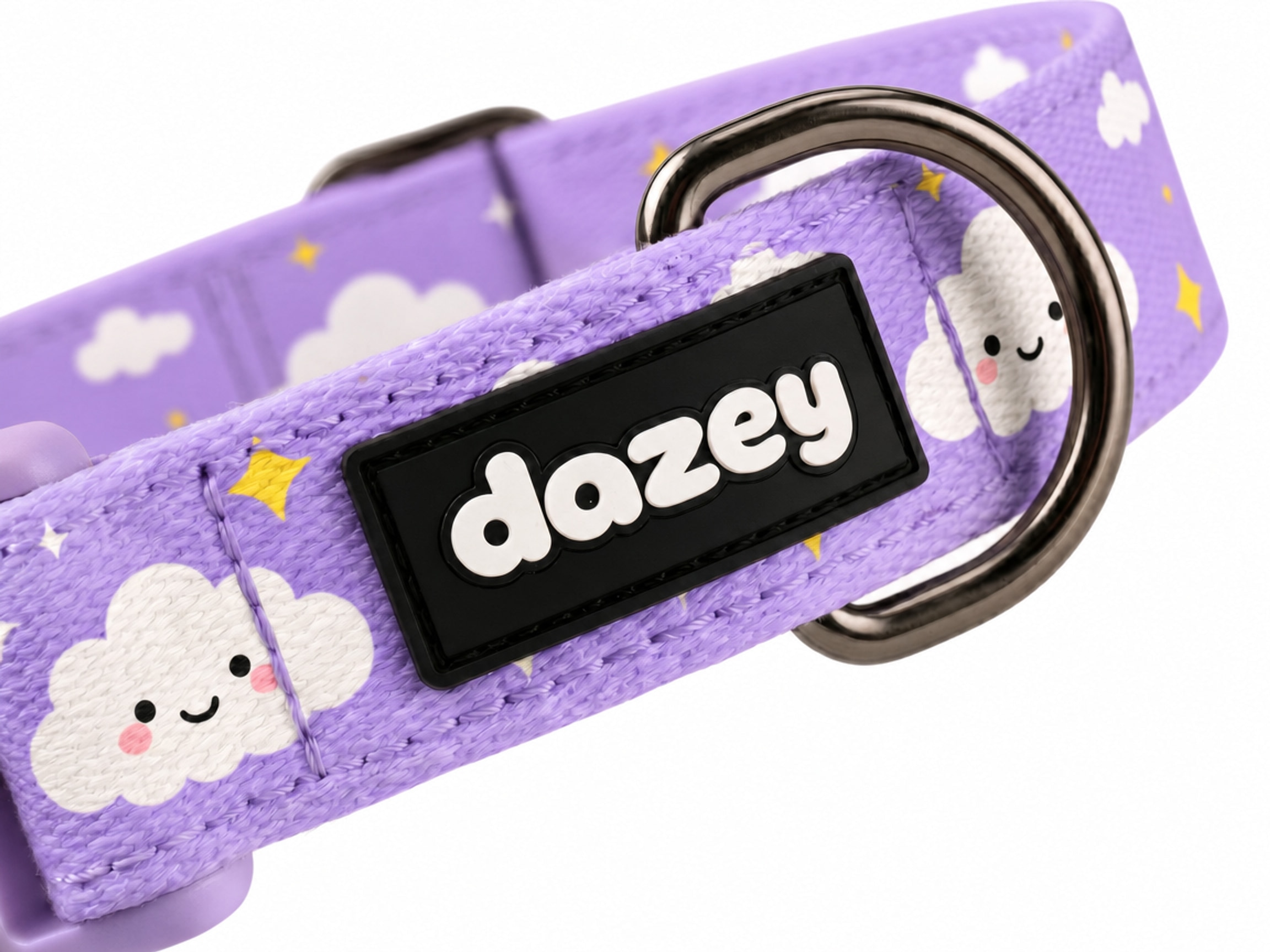 Dreamy Clouds collar rubber tag and D-ring detail