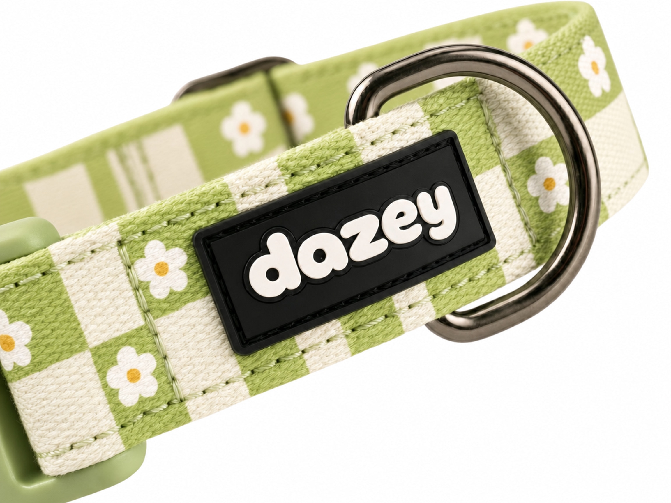 Matcha Gingham collar rubber tag and D-ring detail