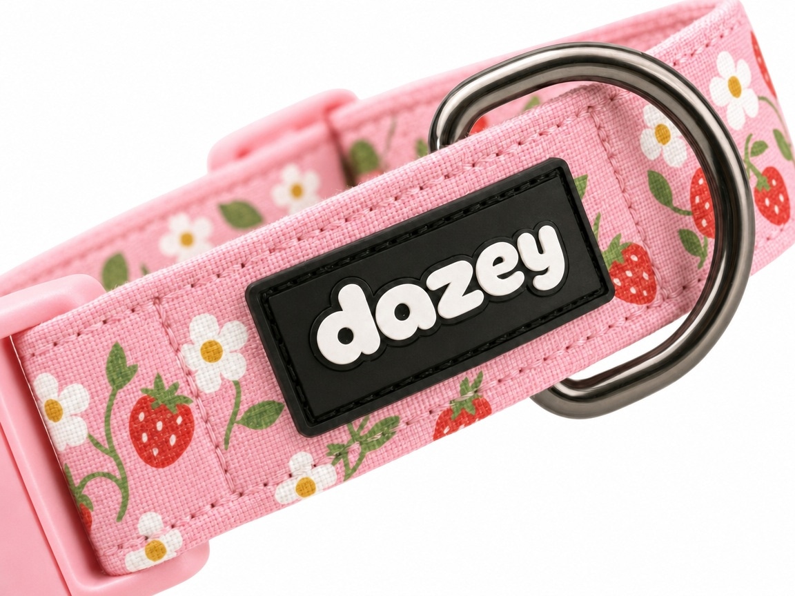 Strawberry Fields collar rubber tag and D-ring detail