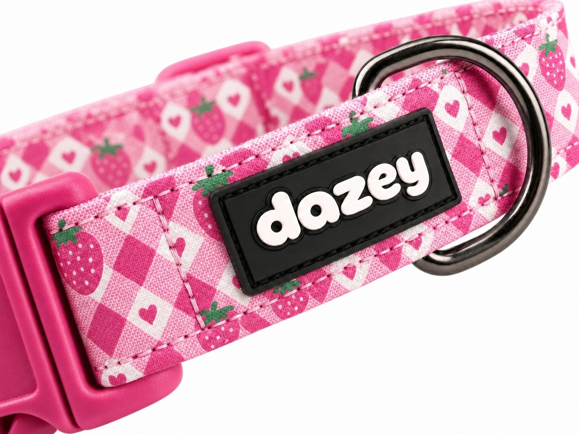 Strawberry Hearts collar rubber tag and D-ring detail