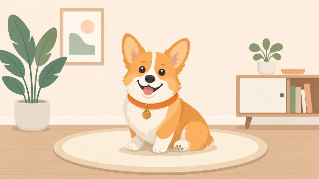 Illustration of a happy Corgi sitting on a rug in a bright living room, wearing a thick orange collar with a gold tag