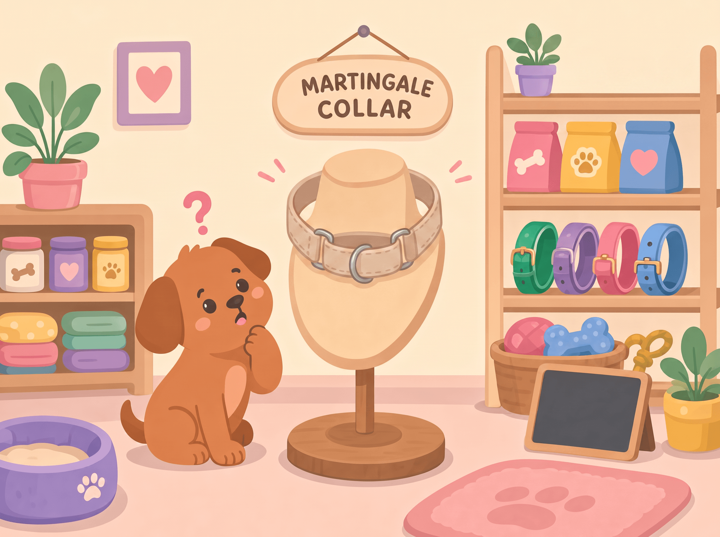 Illustration of a curious dog looking at a martingale collar displayed in a warm pet shop