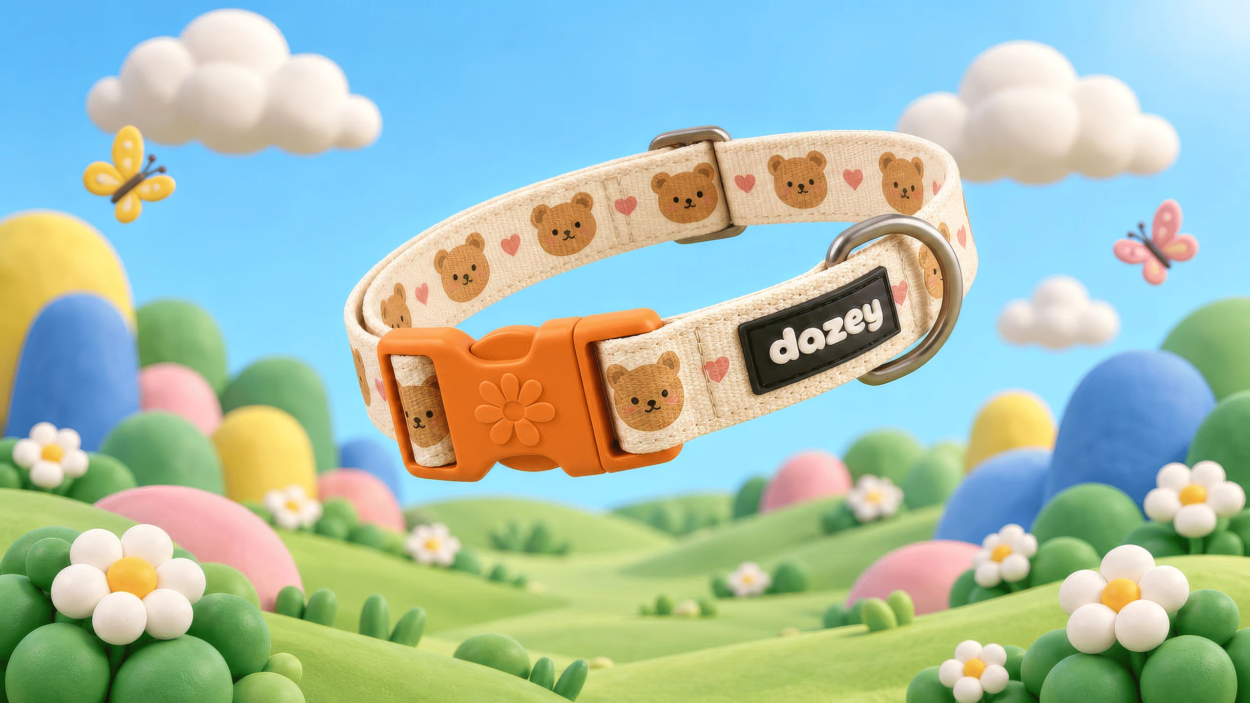 Cuddly Bears dog collar with an orange buckle floating above a colorful meadow of daisies and butterflies